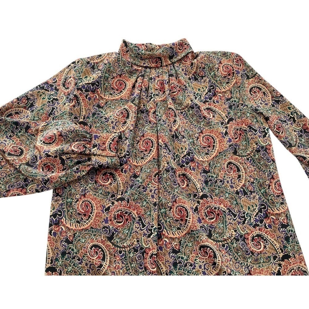 Vintage 80s Jessica Lynn Paisley Pleated Mock Neck Blouse Long Sleeves Women's 8